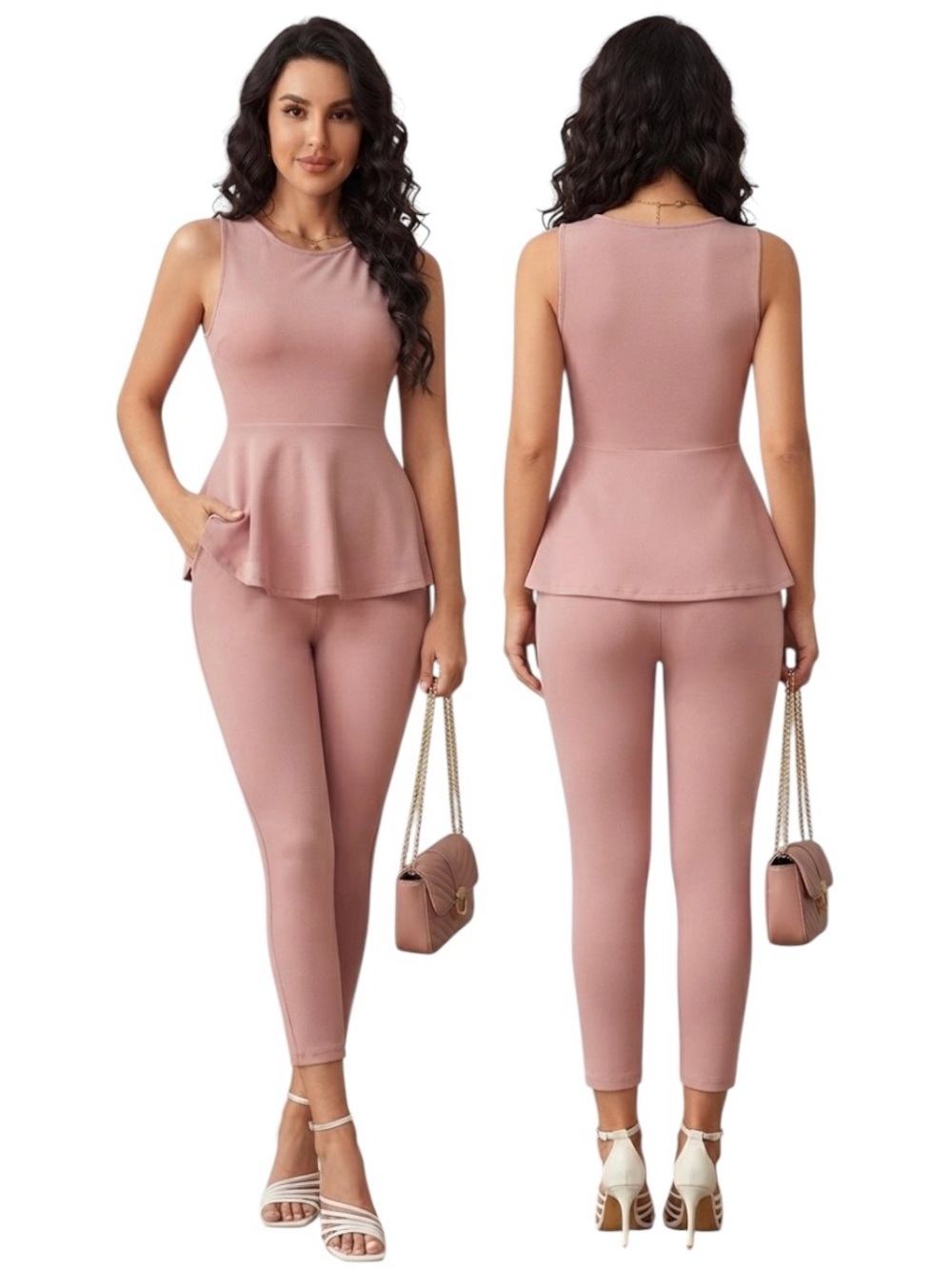 EMERY ROSE Clasi Solid Peplum Tank Top & Leggings L NWT set